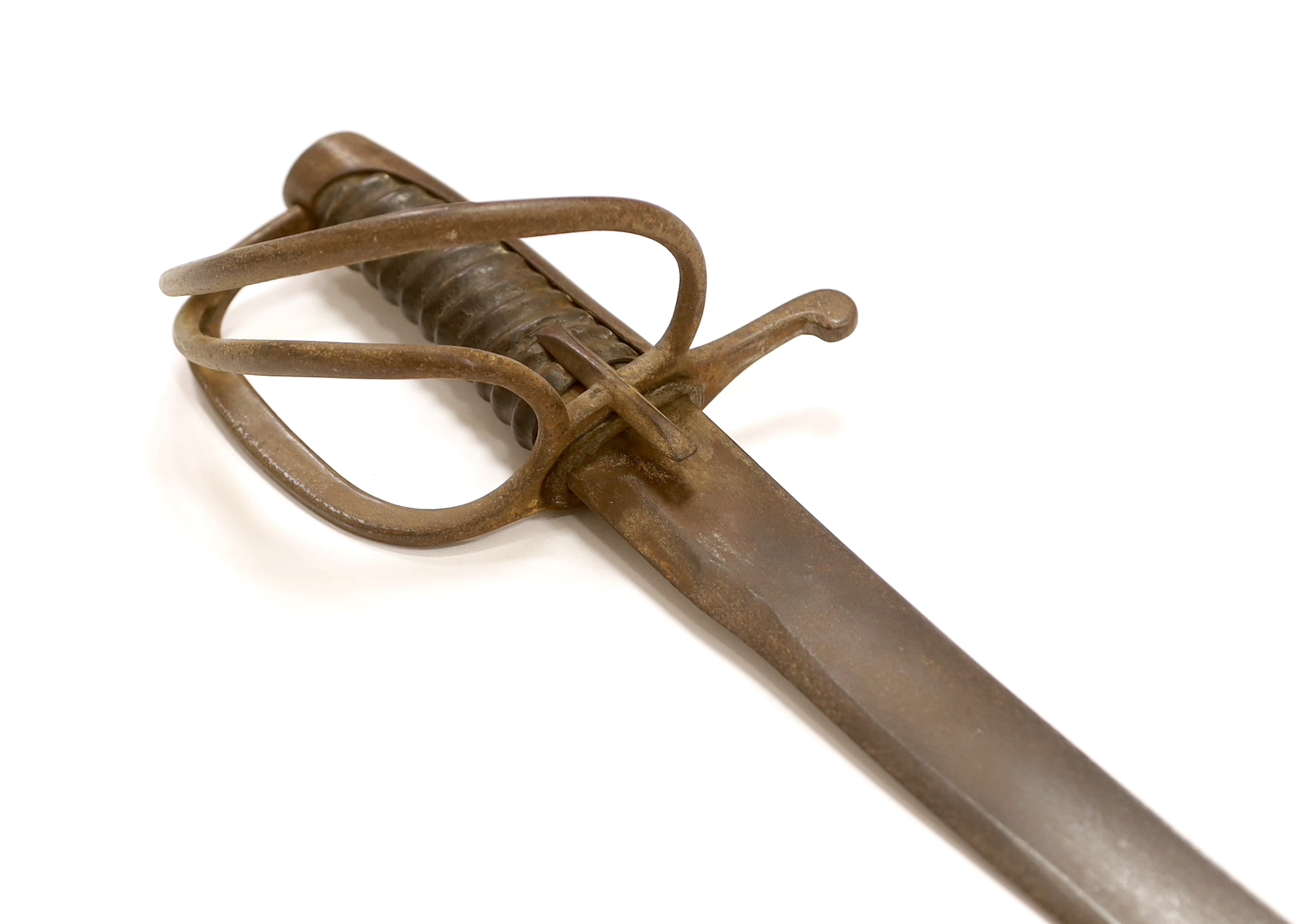 A military sabre with wrought iron guard stamped 377, blade 89cm